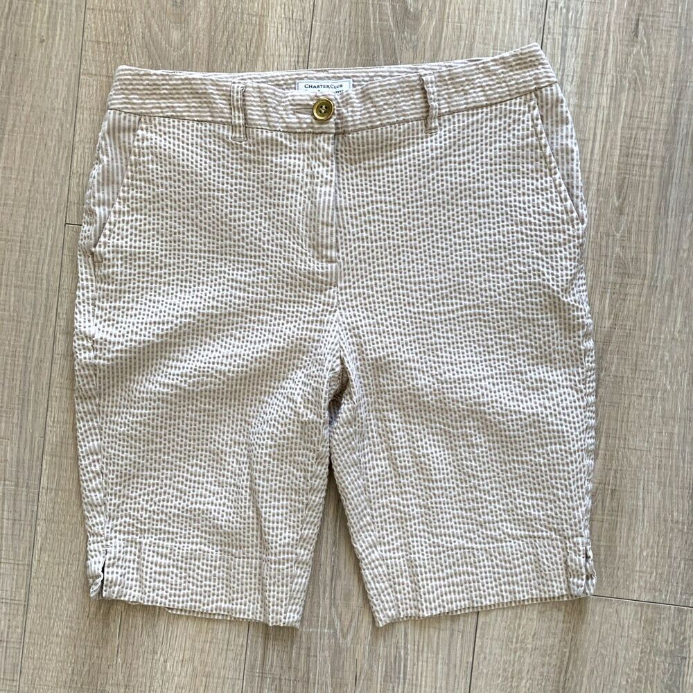 Charter Club Pant Shop Shorts Beige Striped Seersucker Bermuda Women Petite Sz 6